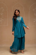 Juniper Teal Solid Poly Georgette Tunic And Sharara Co-Ord Set With Sequence And Zari Work - Distacart