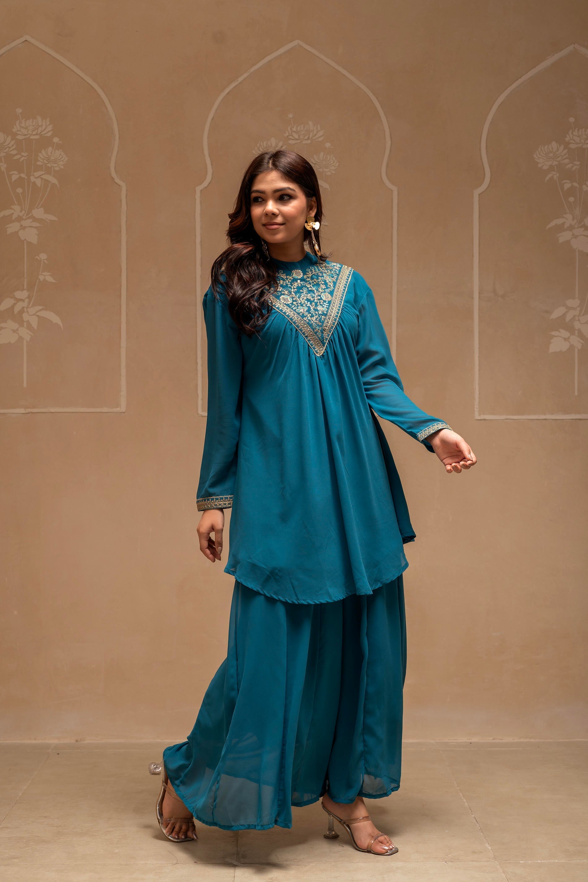 Juniper Teal Solid Poly Georgette Tunic And Sharara Co-Ord Set With Sequence And Zari Work - Distacart