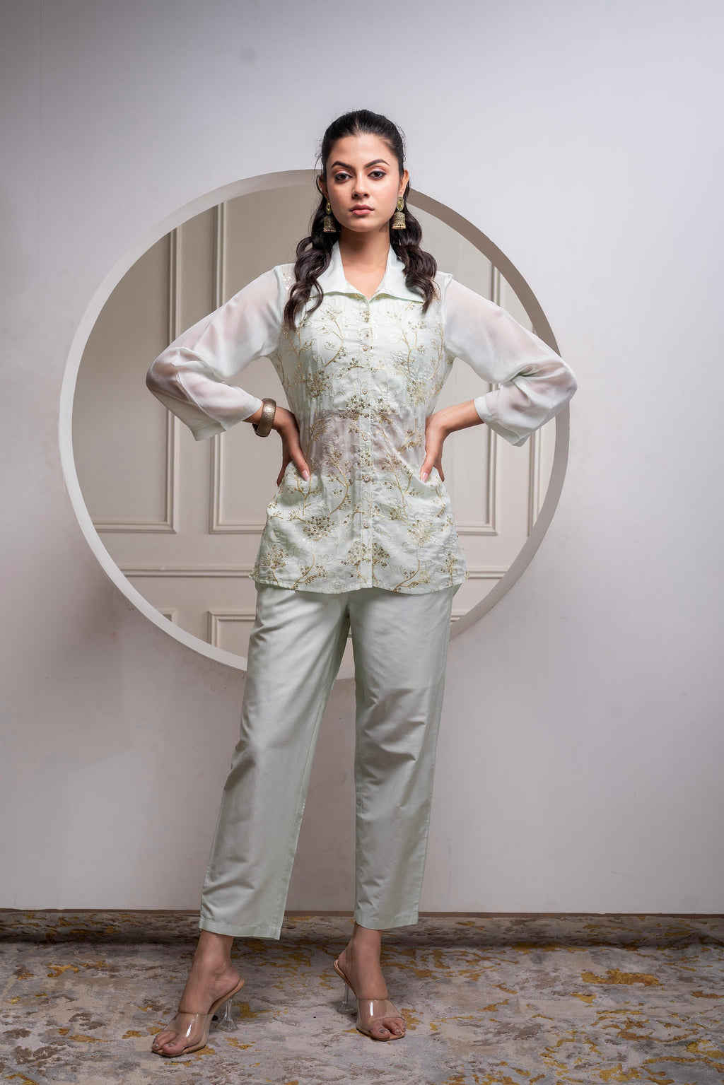 Juniper Mintgreen Solid Viscose Shirt, Cami And Pant Co-Ord Set With Sequence And Zari Work - Distacart