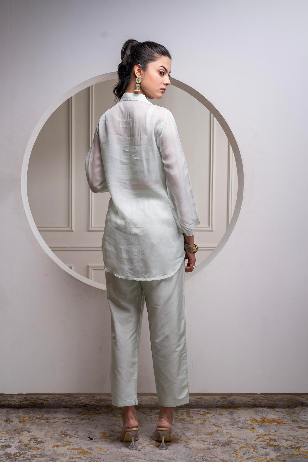 Juniper Mintgreen Solid Viscose Shirt, Cami And Pant Co-Ord Set With Sequence And Zari Work - Distacart