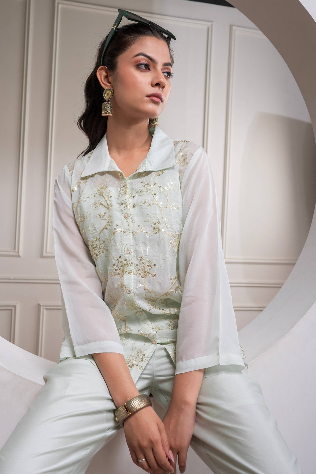 Juniper Mintgreen Solid Viscose Shirt, Cami And Pant Co-Ord Set With Sequence And Zari Work - Distacart