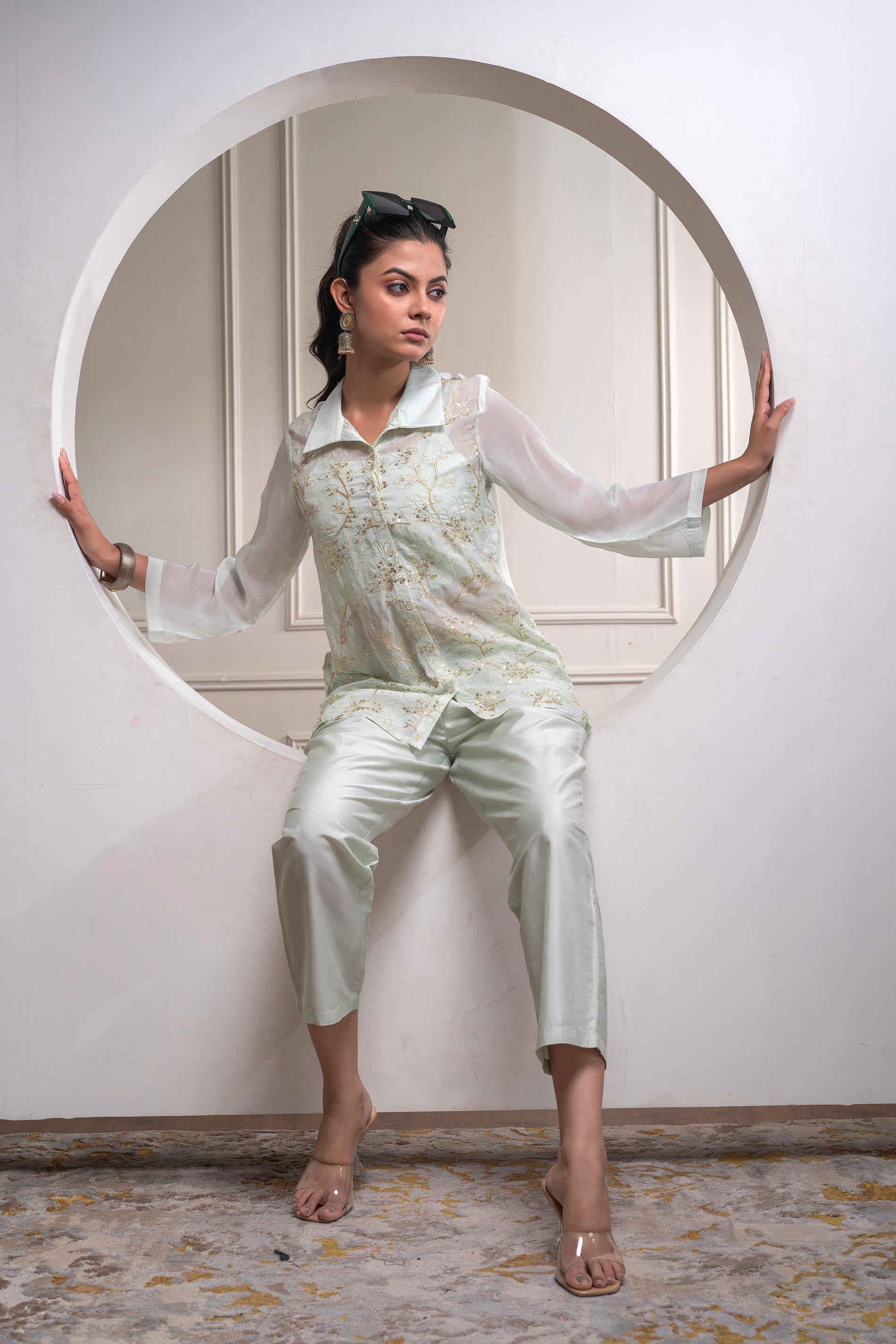 Juniper Mintgreen Solid Viscose Shirt, Cami And Pant Co-Ord Set With Sequence And Zari Work - Distacart