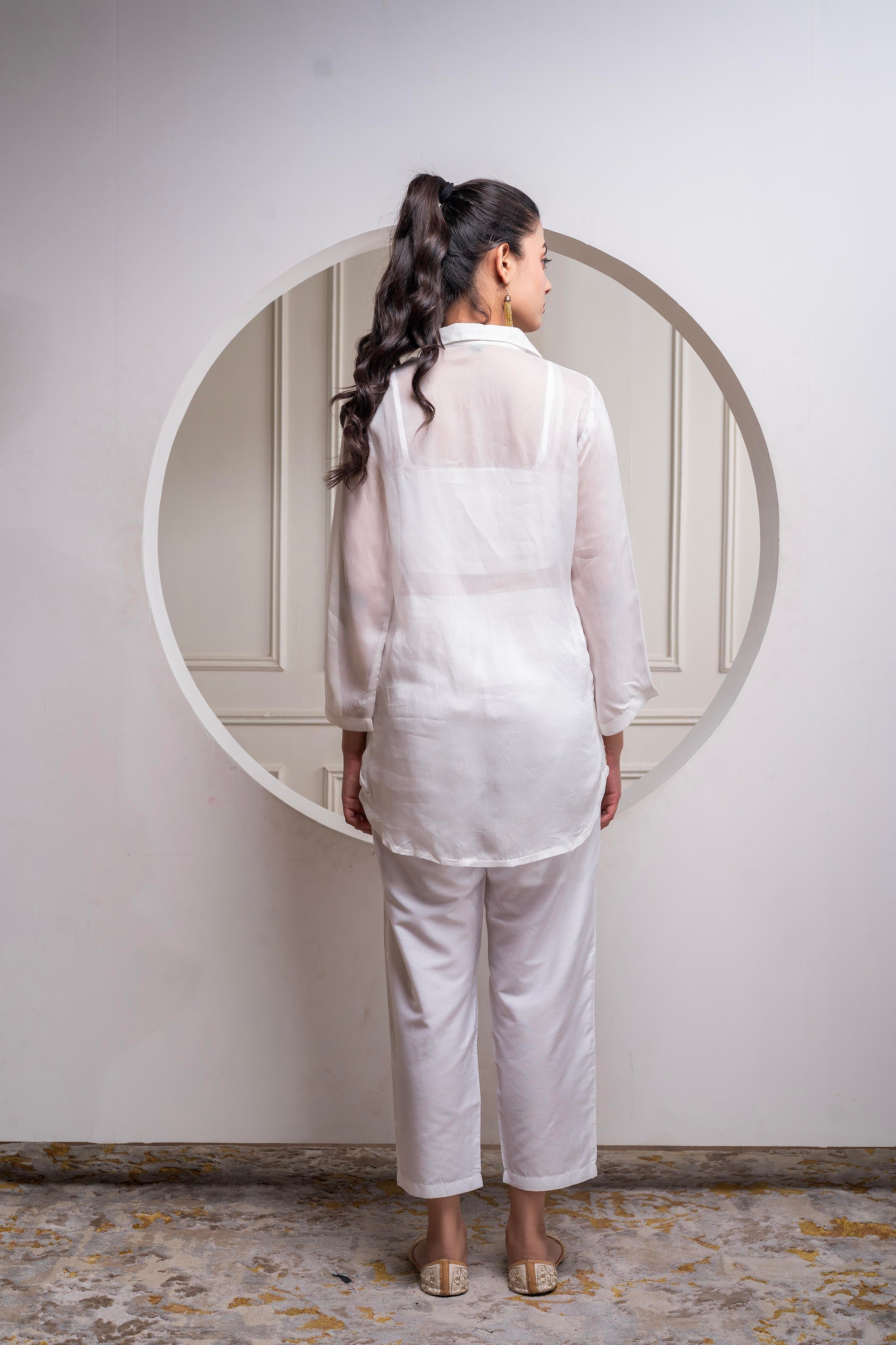 Juniper Viscose Off White Embroidered Shirt, Cami & Pant Co-Ord Set With Zari Work
