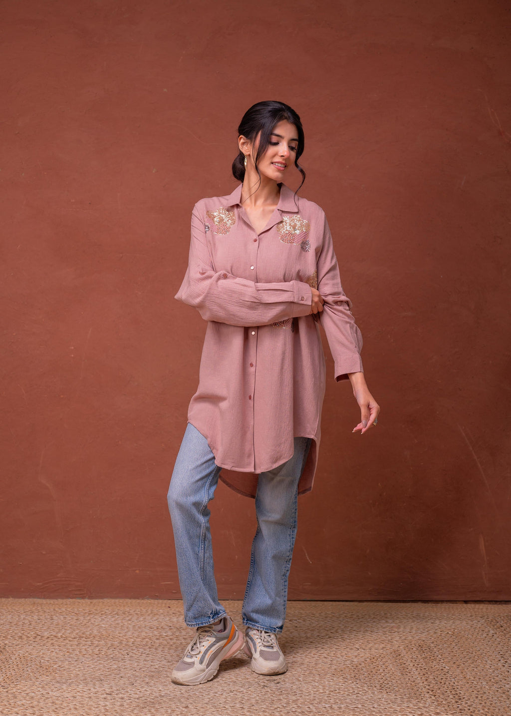 Juniper Viscose Linen Dusty Pink Embellished Shirt With Sequin & Bead Details - Distacart