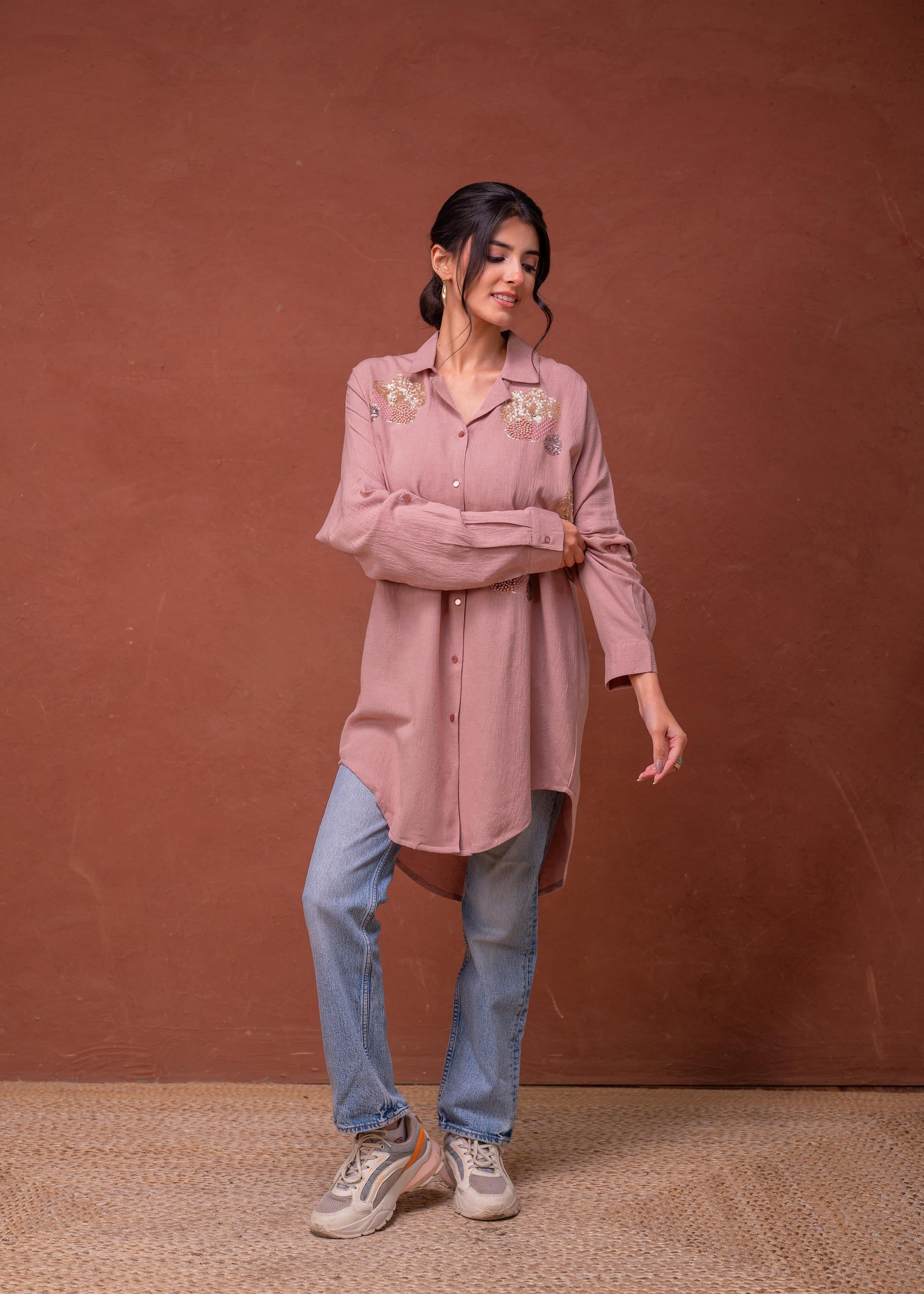 Juniper Viscose Linen Dusty Pink Embellished Shirt With Sequin & Bead Details - Distacart