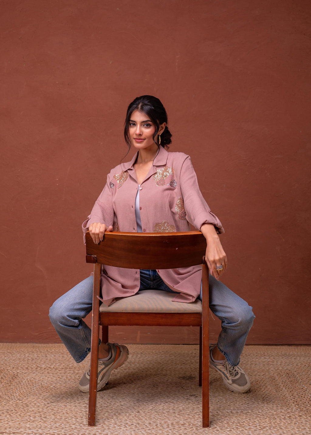 Juniper Viscose Linen Dusty Pink Embellished Shirt With Sequin & Bead Details - Distacart