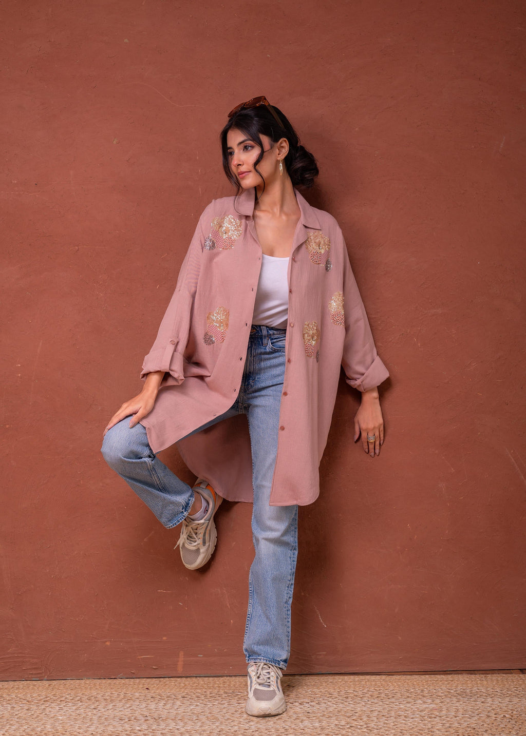 Juniper Viscose Linen Dusty Pink Embellished Shirt With Sequin & Bead Details - Distacart