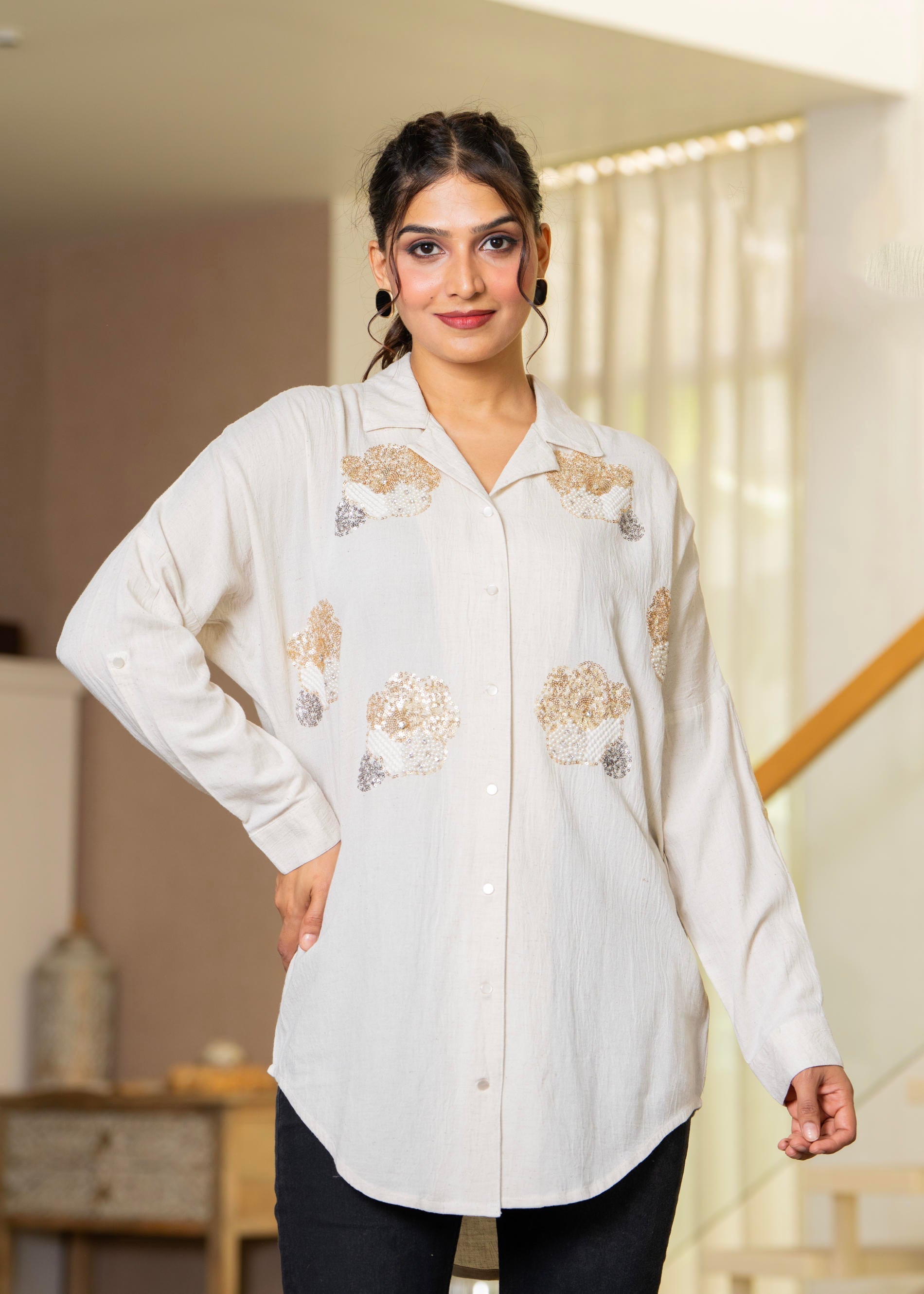 Juniper Viscose Linen Off White Embellished Shirt With Sequin & Bead Details - Distacart