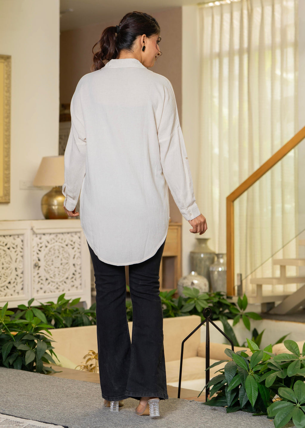 Juniper Viscose Linen Off White Embellished Shirt With Sequin & Bead Details - Distacart