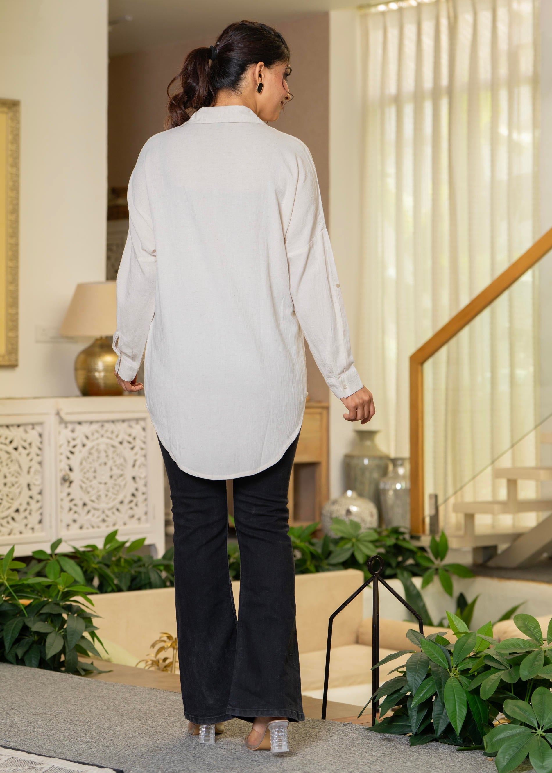 Juniper Viscose Linen Off White Embellished Shirt With Sequin & Bead Details - Distacart