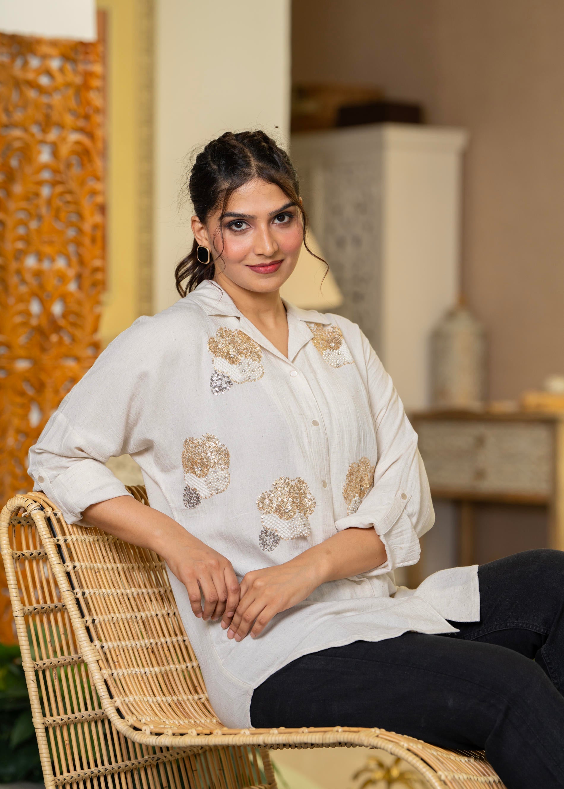 Juniper Viscose Linen Off White Embellished Shirt With Sequin & Bead Details - Distacart
