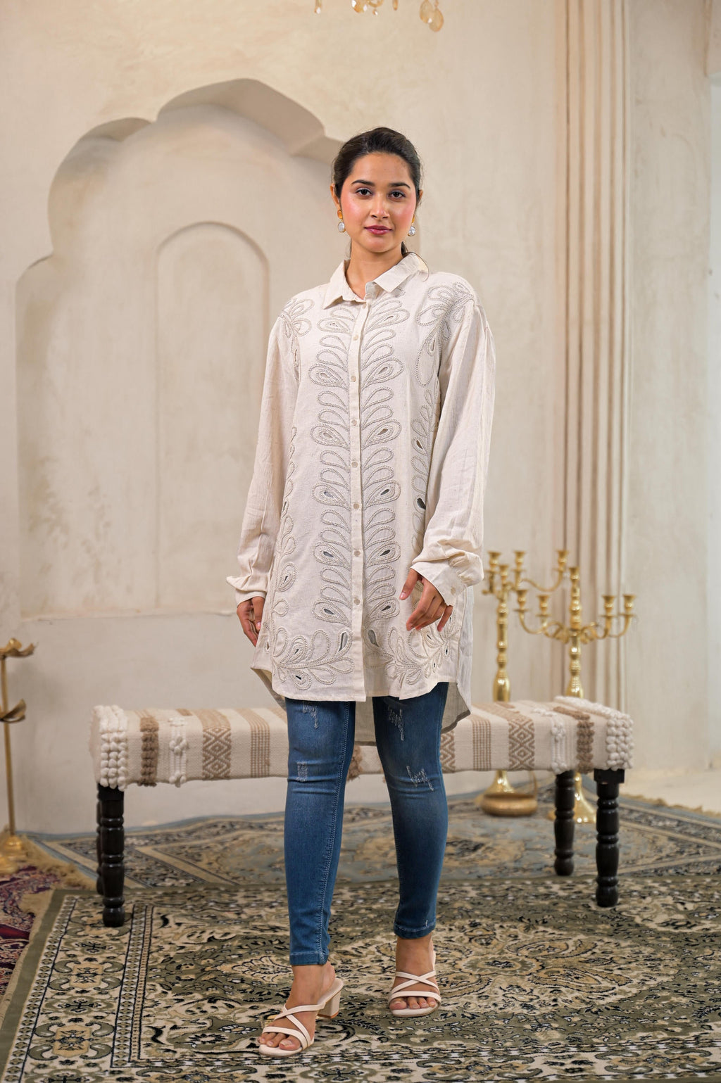 Juniper Off-White Embroidered Viscose-Linen Shirt With Zari Work - Distacart