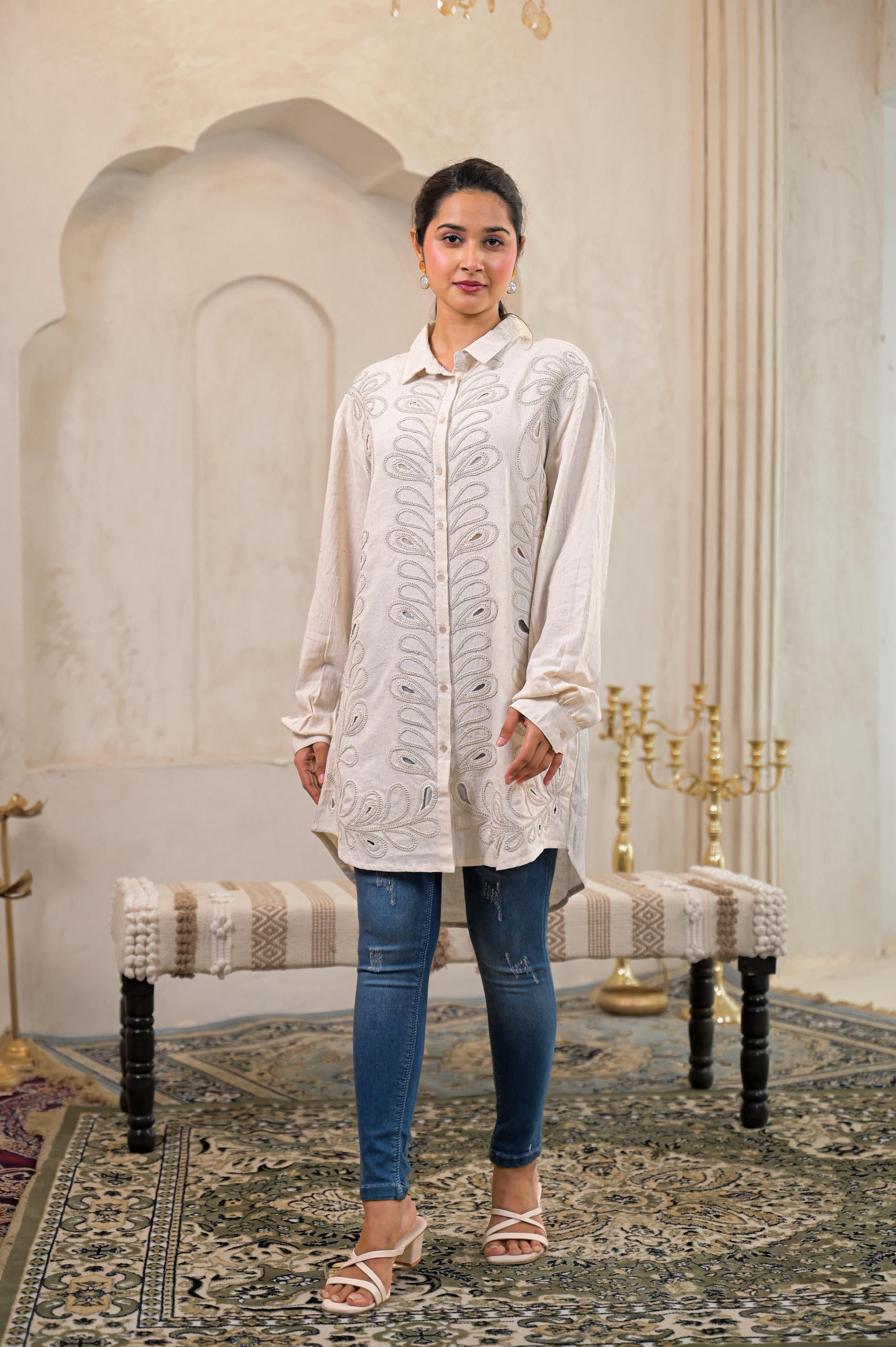 Juniper Off-White Embroidered Viscose-Linen Shirt With Zari Work - Distacart
