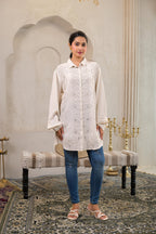 Juniper Off-White Embroidered Viscose-Linen Shirt With Zari Work - Distacart