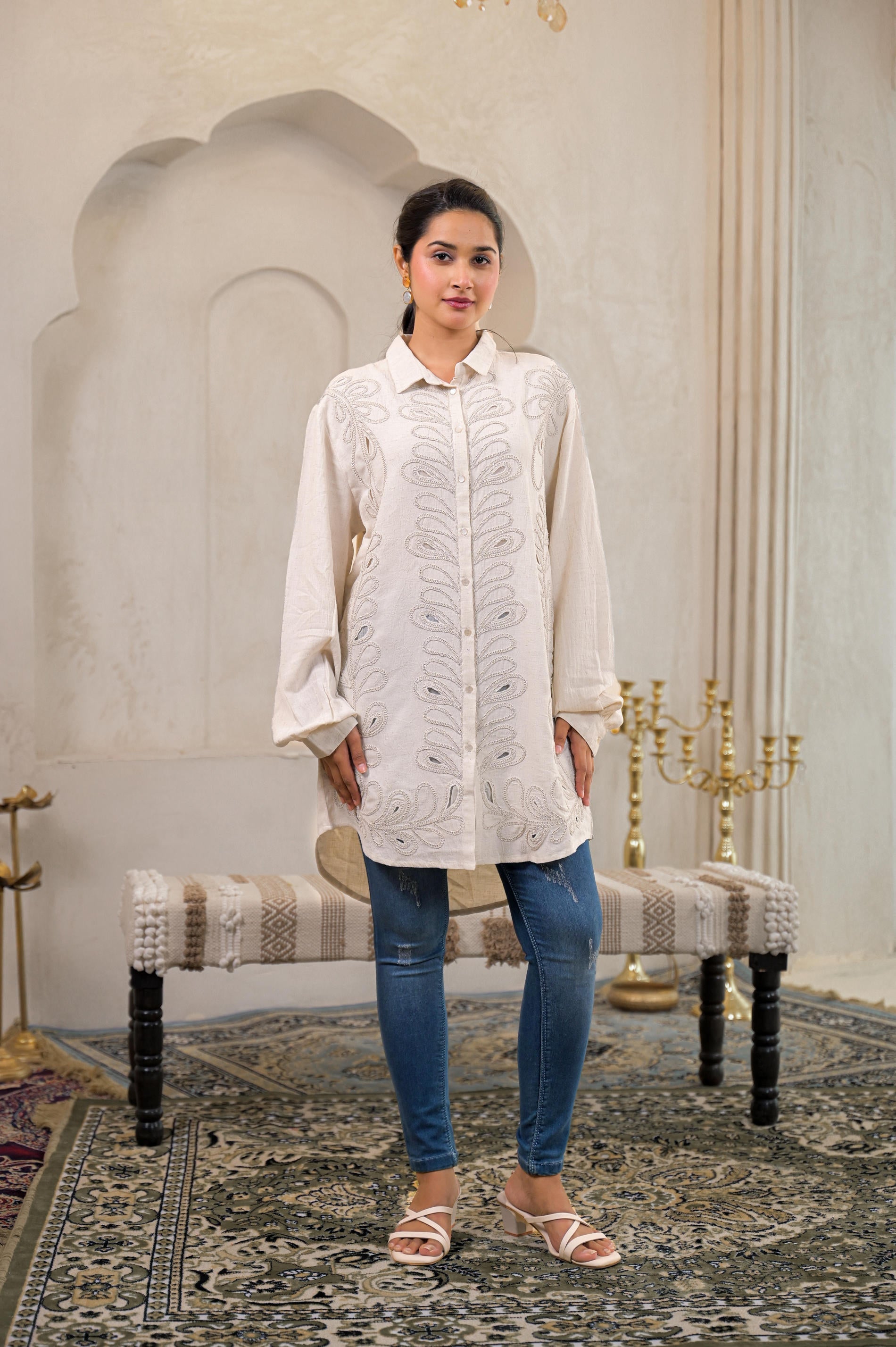 Juniper Off-White Embroidered Viscose-Linen Shirt With Zari Work - Distacart