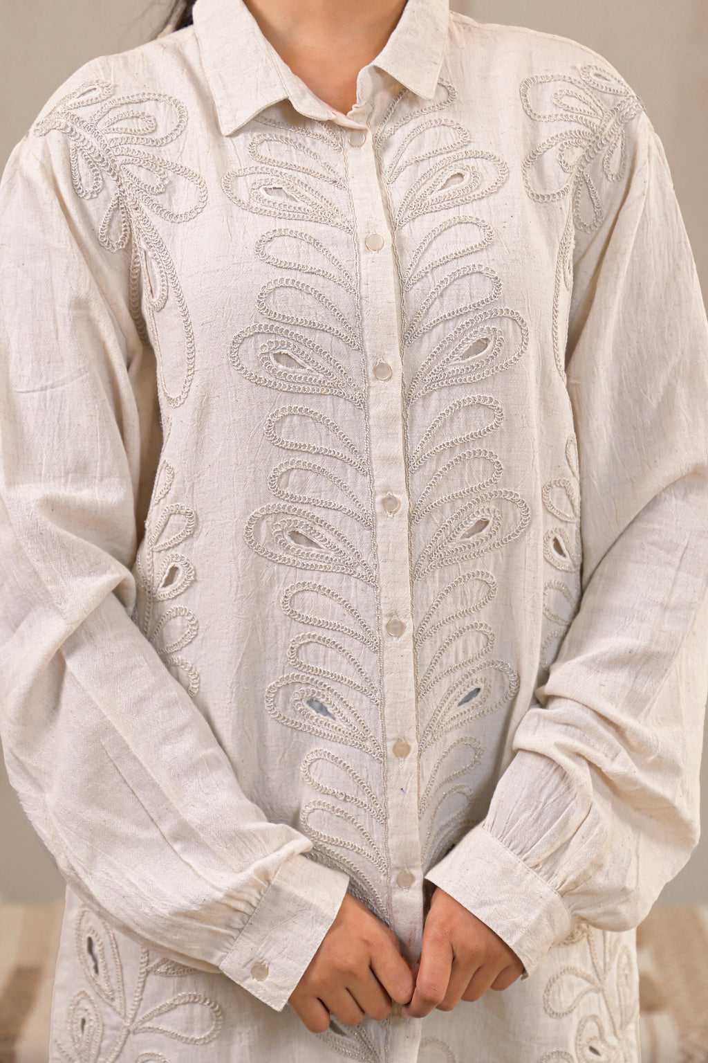 Juniper Off-White Embroidered Viscose-Linen Shirt With Zari Work - Distacart