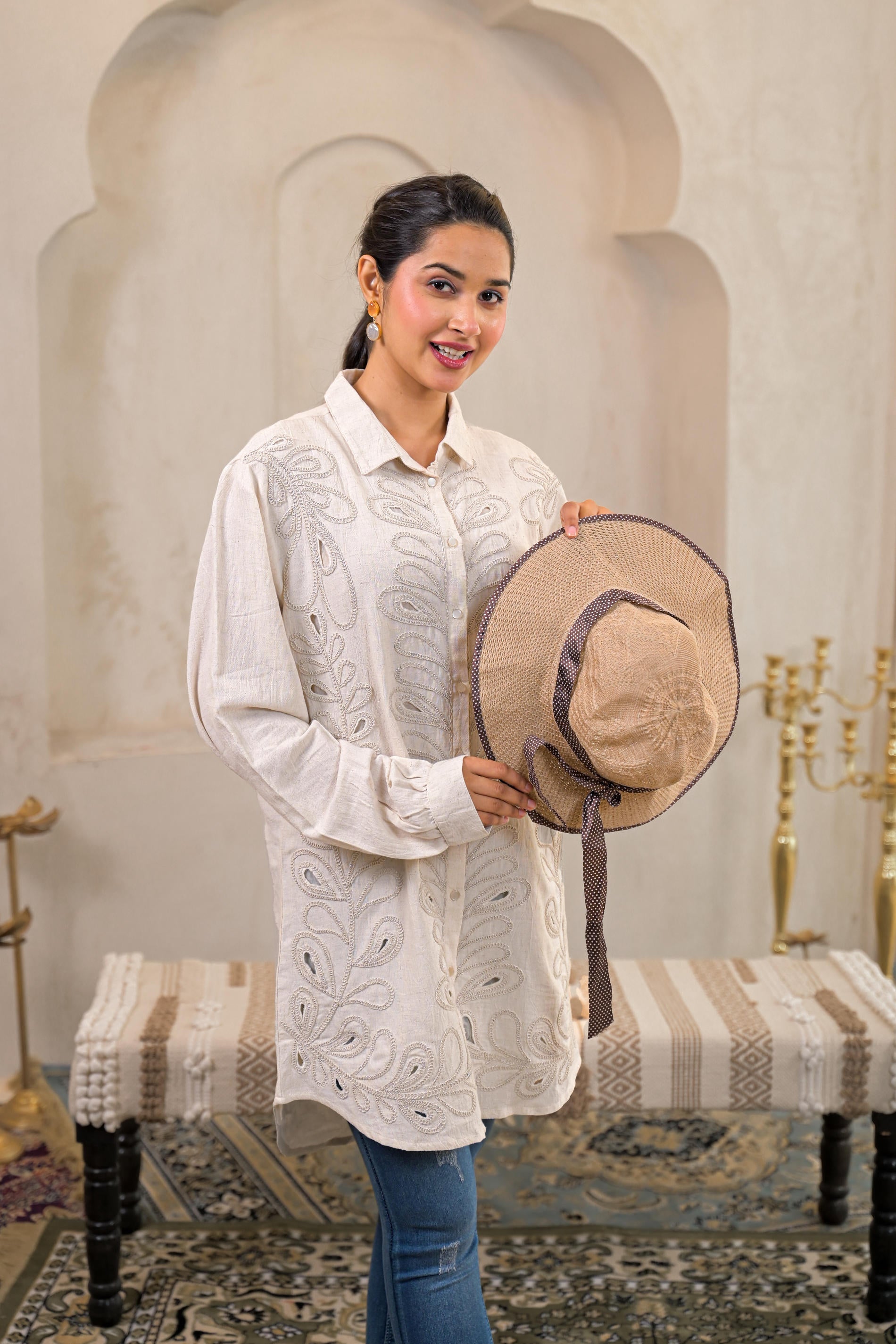 Juniper Off-White Embroidered Viscose-Linen Shirt With Zari Work - Distacart