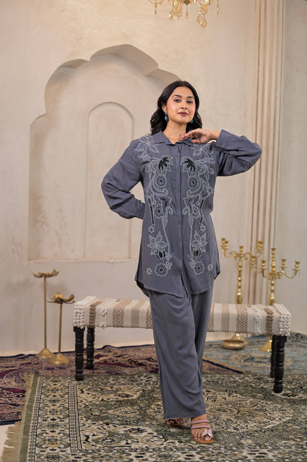 Juniper Viscose Linen Grey Embellished Shirt And Pant Co-Ord Set With Sequin & Bead Details - Distacart