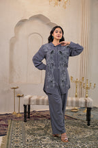 Juniper Viscose Linen Grey Embellished Shirt And Pant Co-Ord Set With Sequin & Bead Details - Distacart
