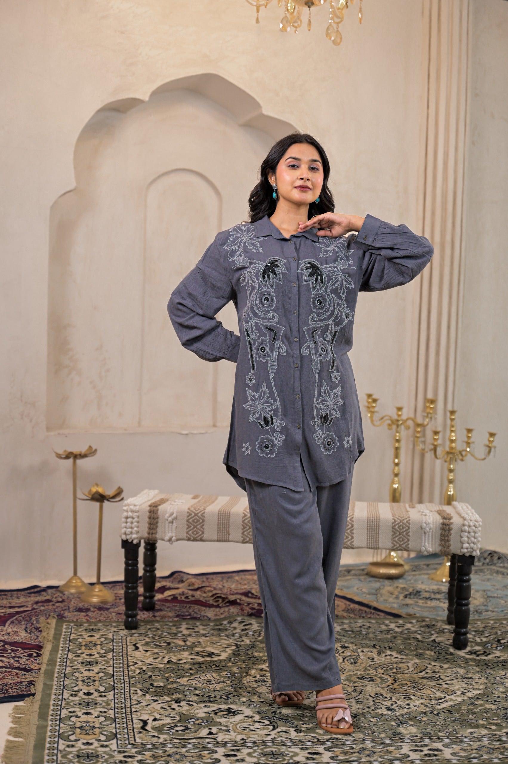 Juniper Viscose Linen Grey Embellished Shirt And Pant Co-Ord Set With Sequin & Bead Details - Distacart