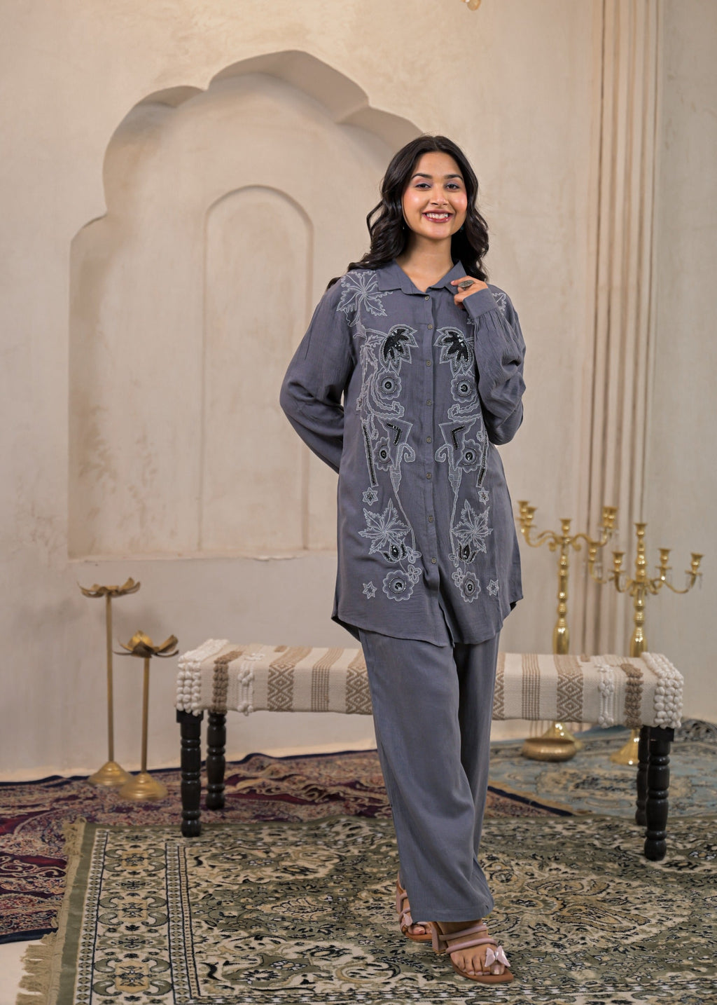 Juniper Viscose Linen Grey Embellished Shirt And Pant Co-Ord Set With Sequin & Bead Details - Distacart