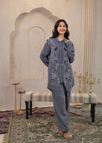 Juniper Viscose Linen Grey Embellished Shirt And Pant Co-Ord Set With Sequin & Bead Details - Distacart