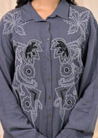 Juniper Viscose Linen Grey Embellished Shirt And Pant Co-Ord Set With Sequin & Bead Details - Distacart
