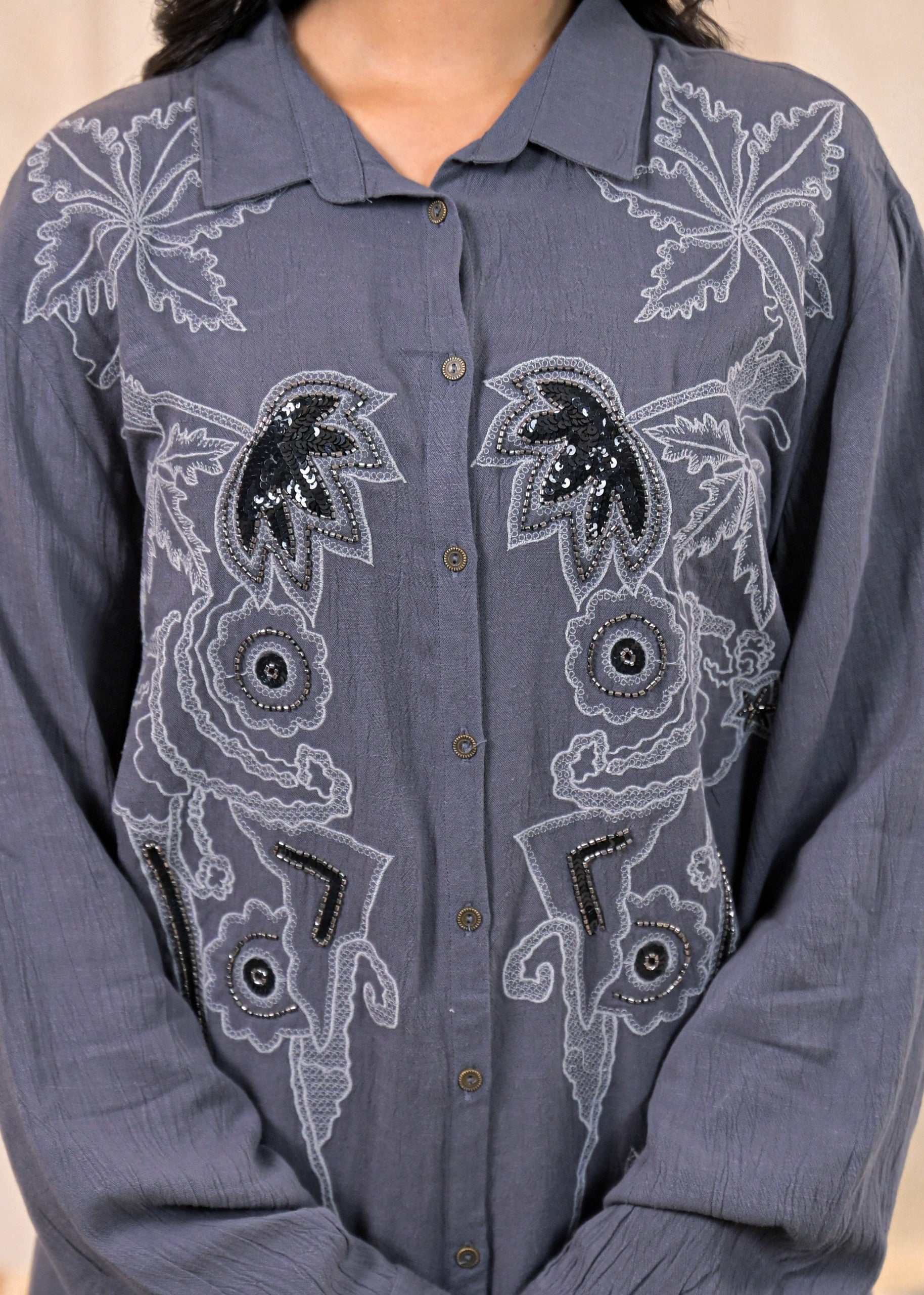 Juniper Viscose Linen Grey Embellished Shirt And Pant Co-Ord Set With Sequin & Bead Details - Distacart