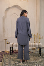 Juniper Viscose Linen Grey Embellished Shirt And Pant Co-Ord Set With Sequin & Bead Details - Distacart