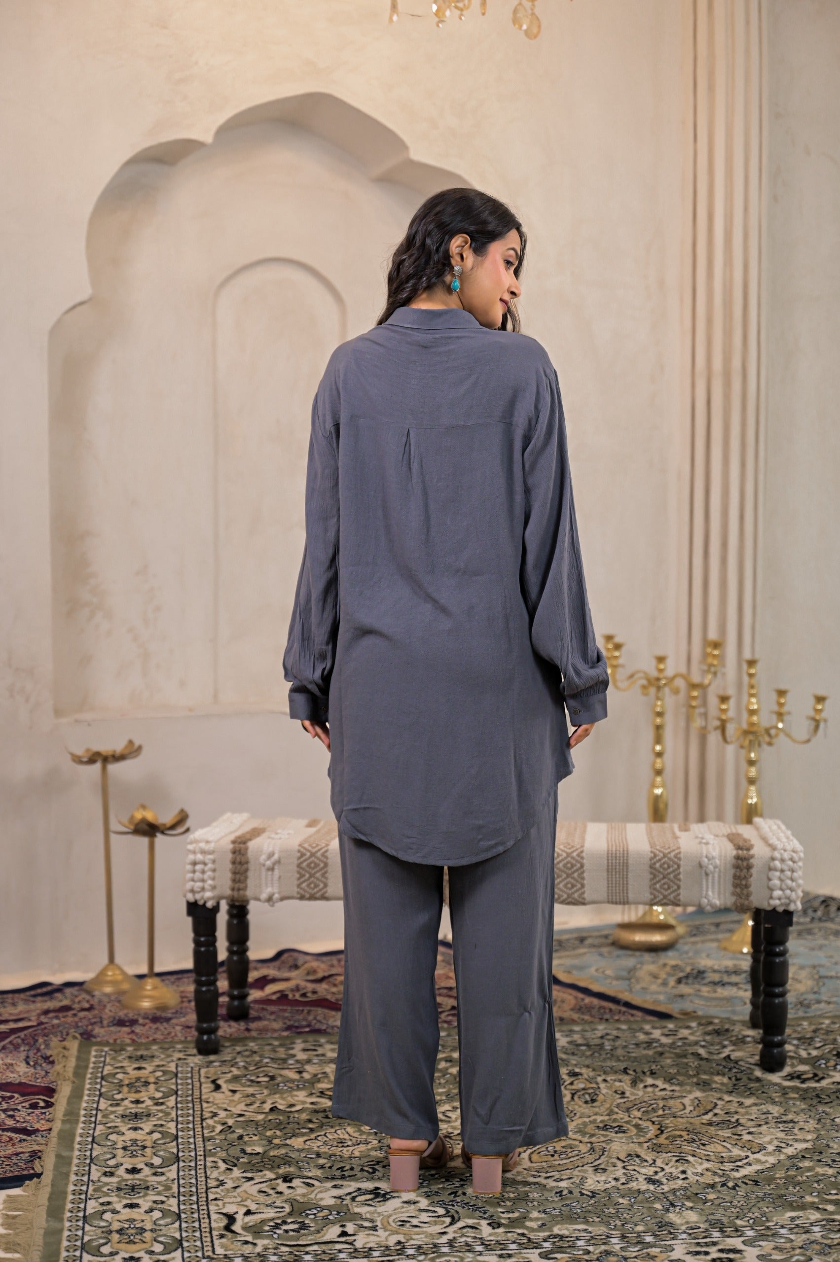 Juniper Viscose Linen Grey Embellished Shirt And Pant Co-Ord Set With Sequin & Bead Details - Distacart