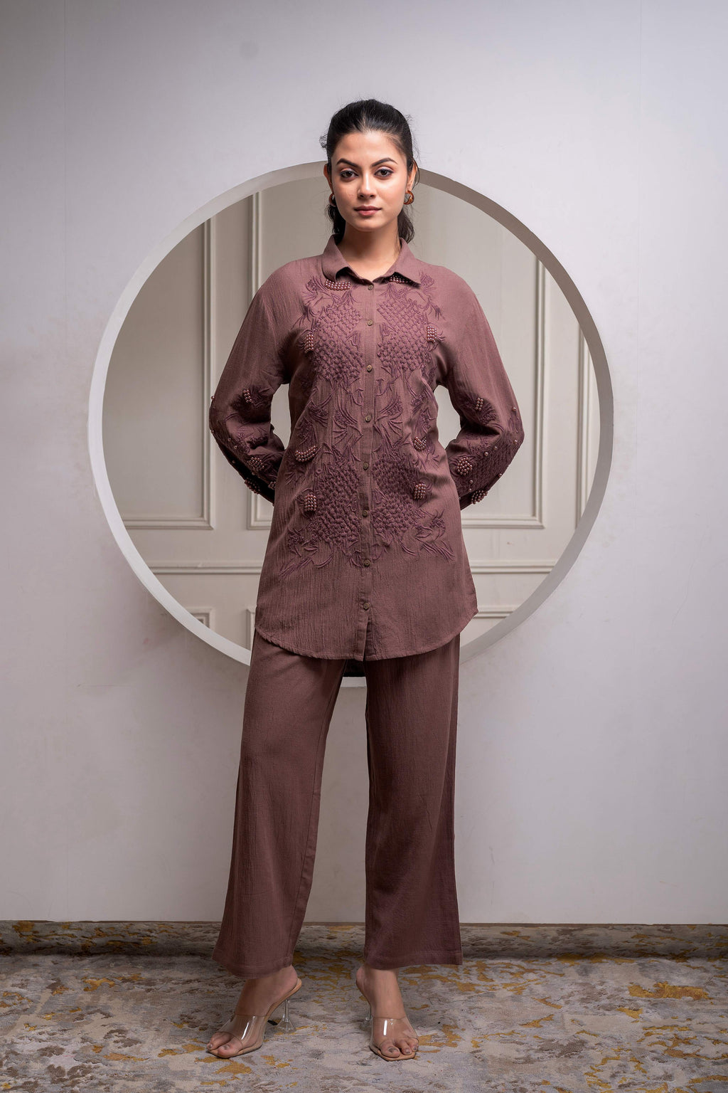 Juniper Brown Embellished Viscose Co-Ord Set With Bead Details - Distacart