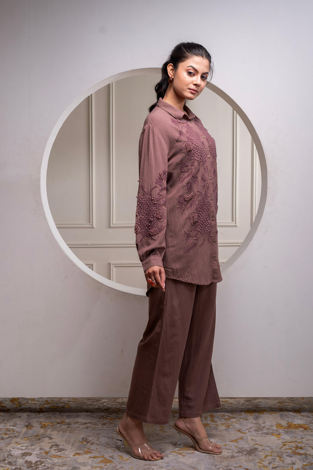 Juniper Brown Embellished Viscose Co-Ord Set With Bead Details - Distacart