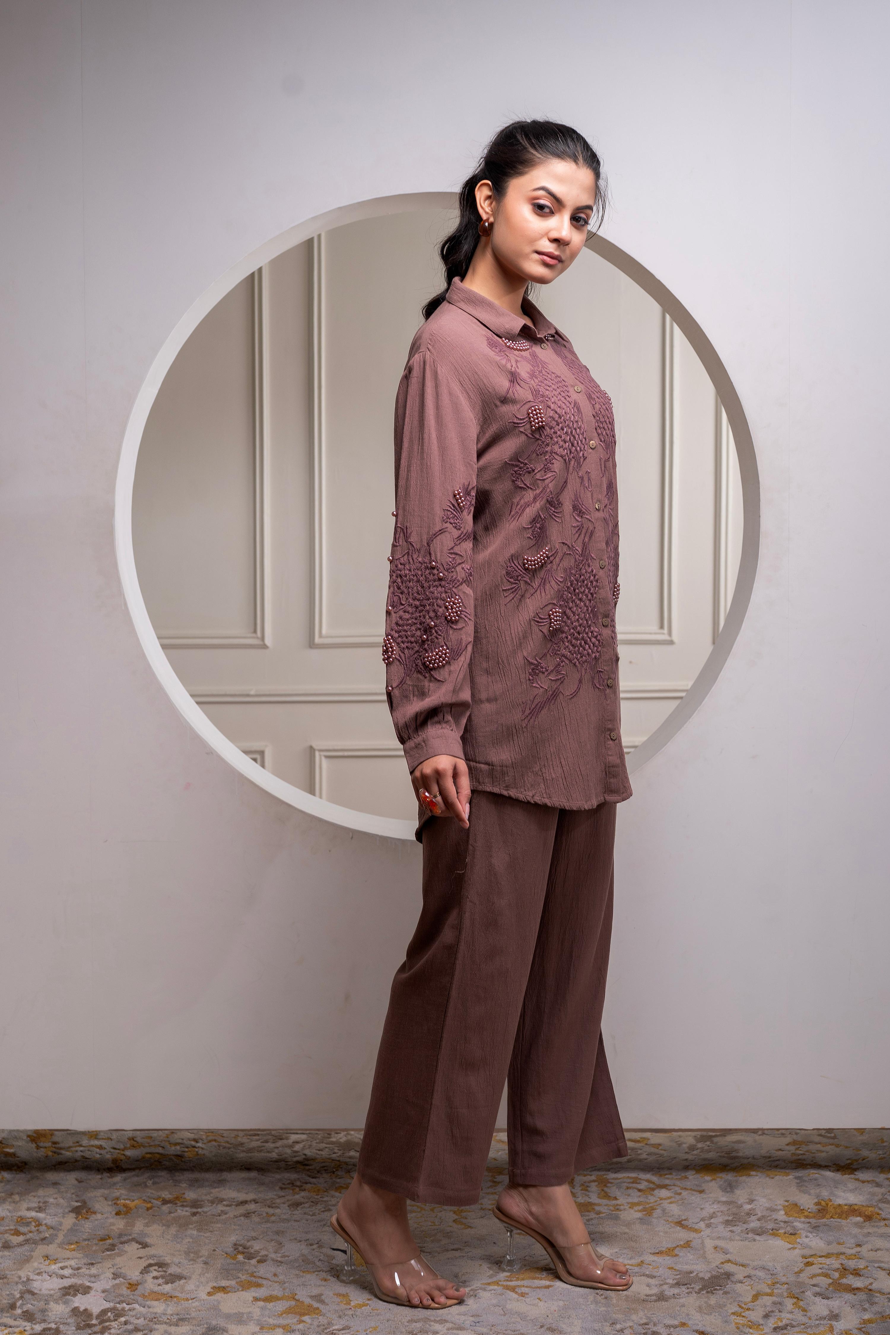 Juniper Brown Embellished Viscose Co-Ord Set With Bead Details - Distacart