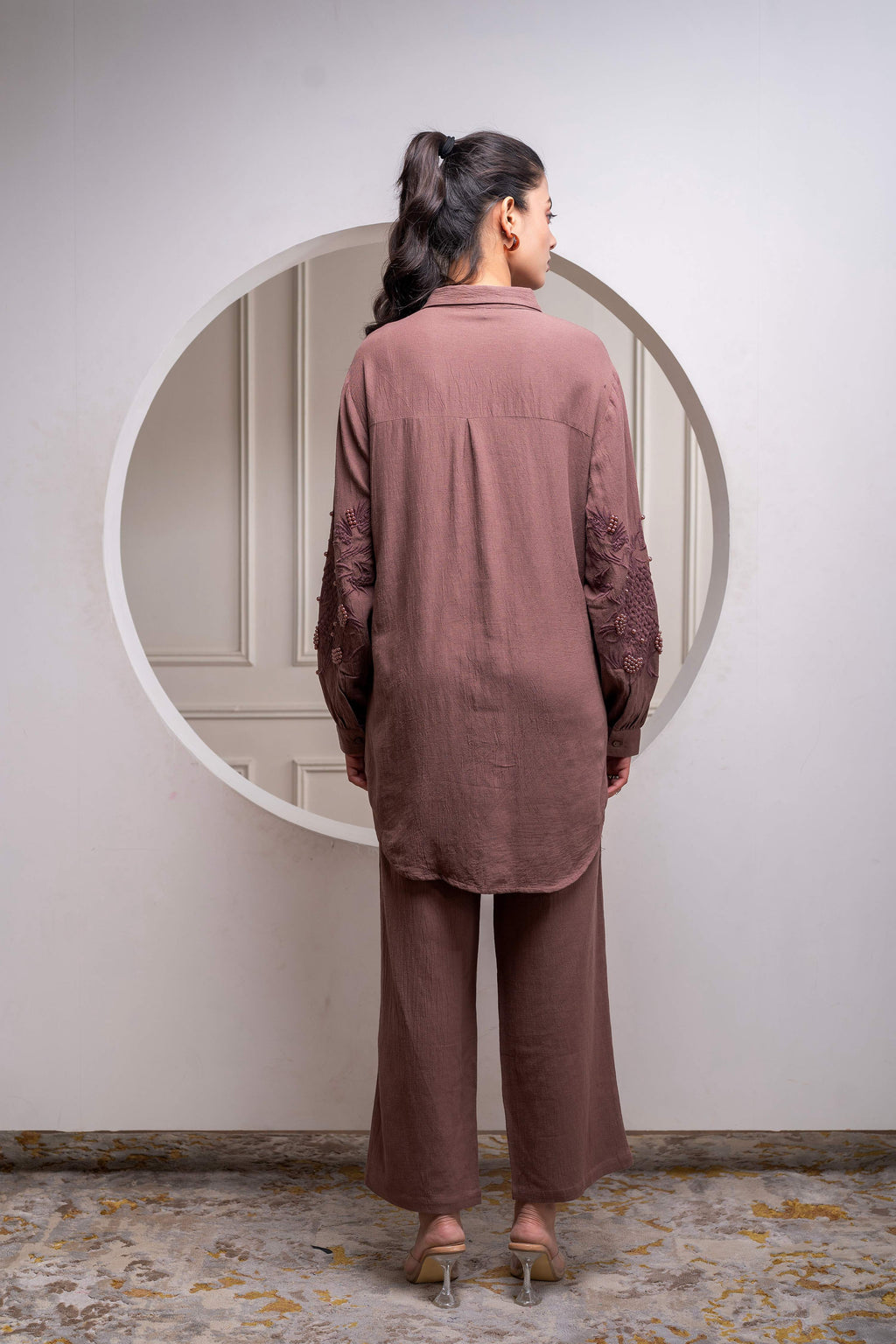 Juniper Brown Embellished Viscose Co-Ord Set With Bead Details - Distacart