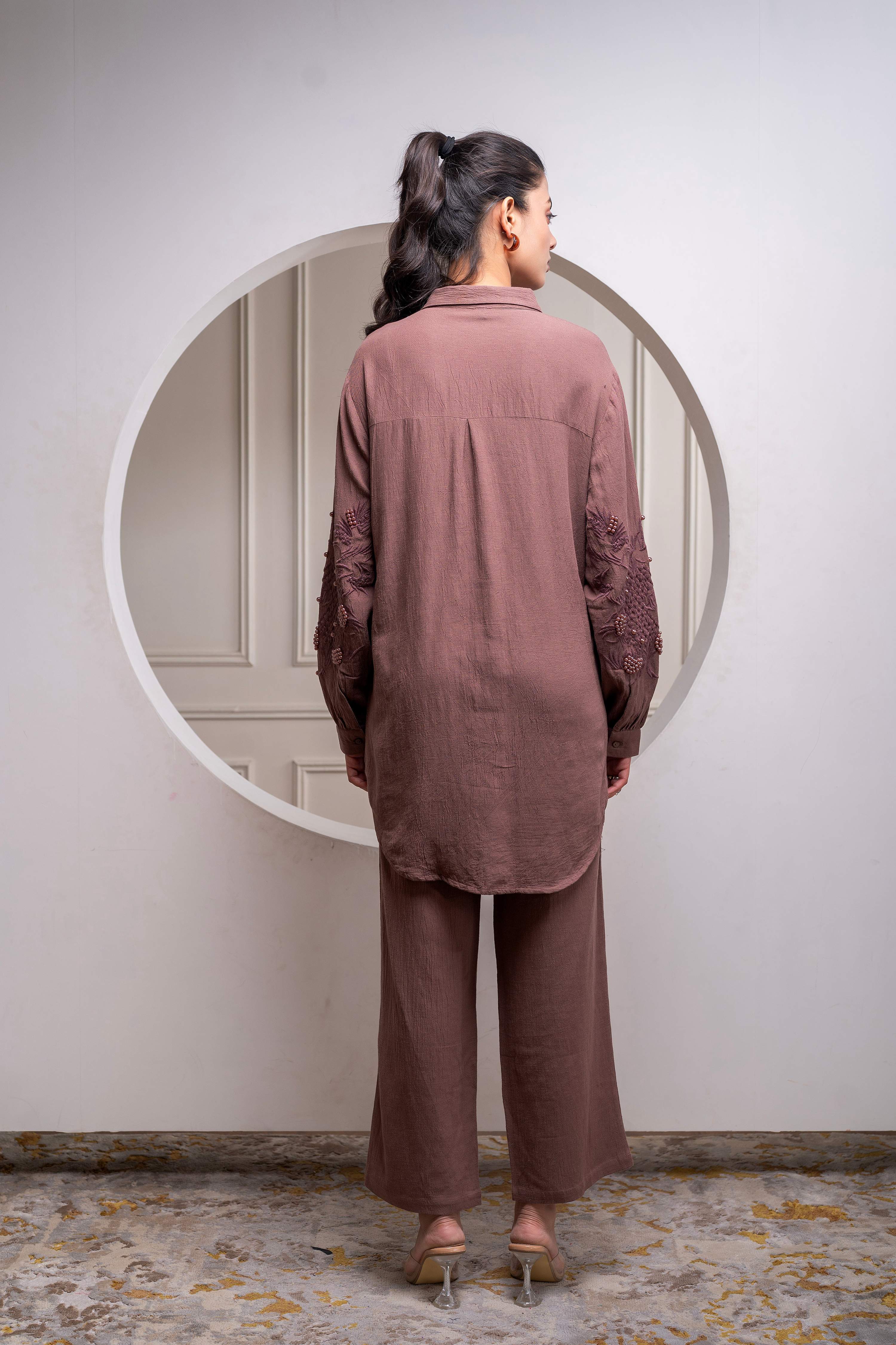 Juniper Brown Embellished Viscose Co-Ord Set With Bead Details - Distacart