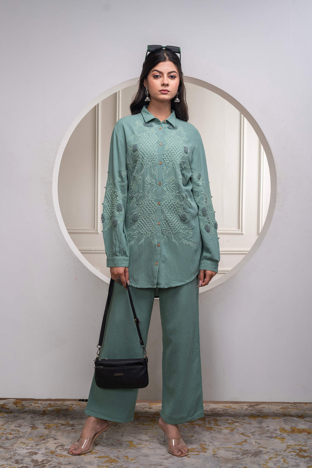 Juniper Sage Green Embellished Viscose Co-Ord Set With Bead Details - Distacart