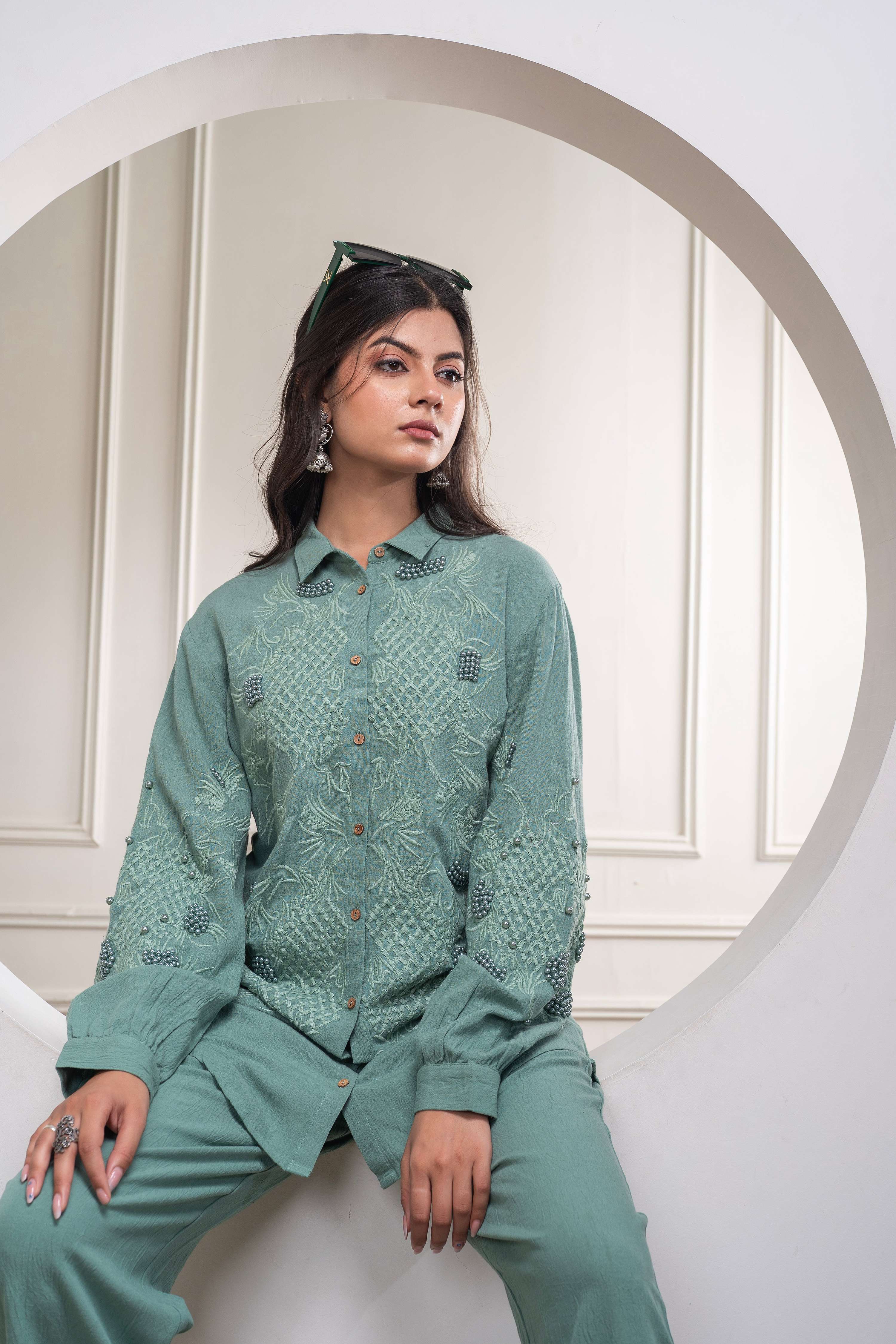 Juniper Sage Green Embellished Viscose Co-Ord Set With Bead Details - Distacart