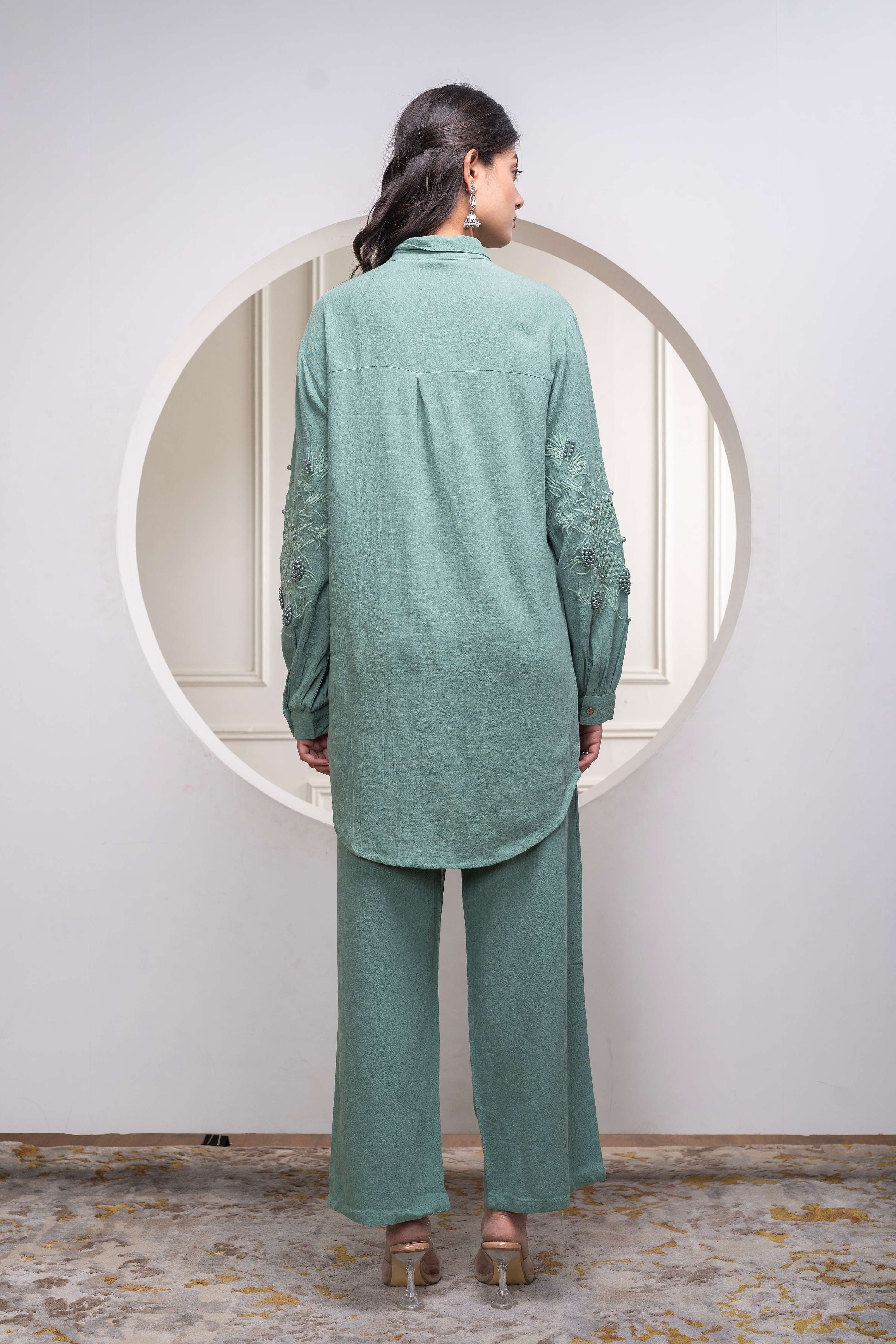 Juniper Sage Green Embellished Viscose Co-Ord Set With Bead Details - Distacart