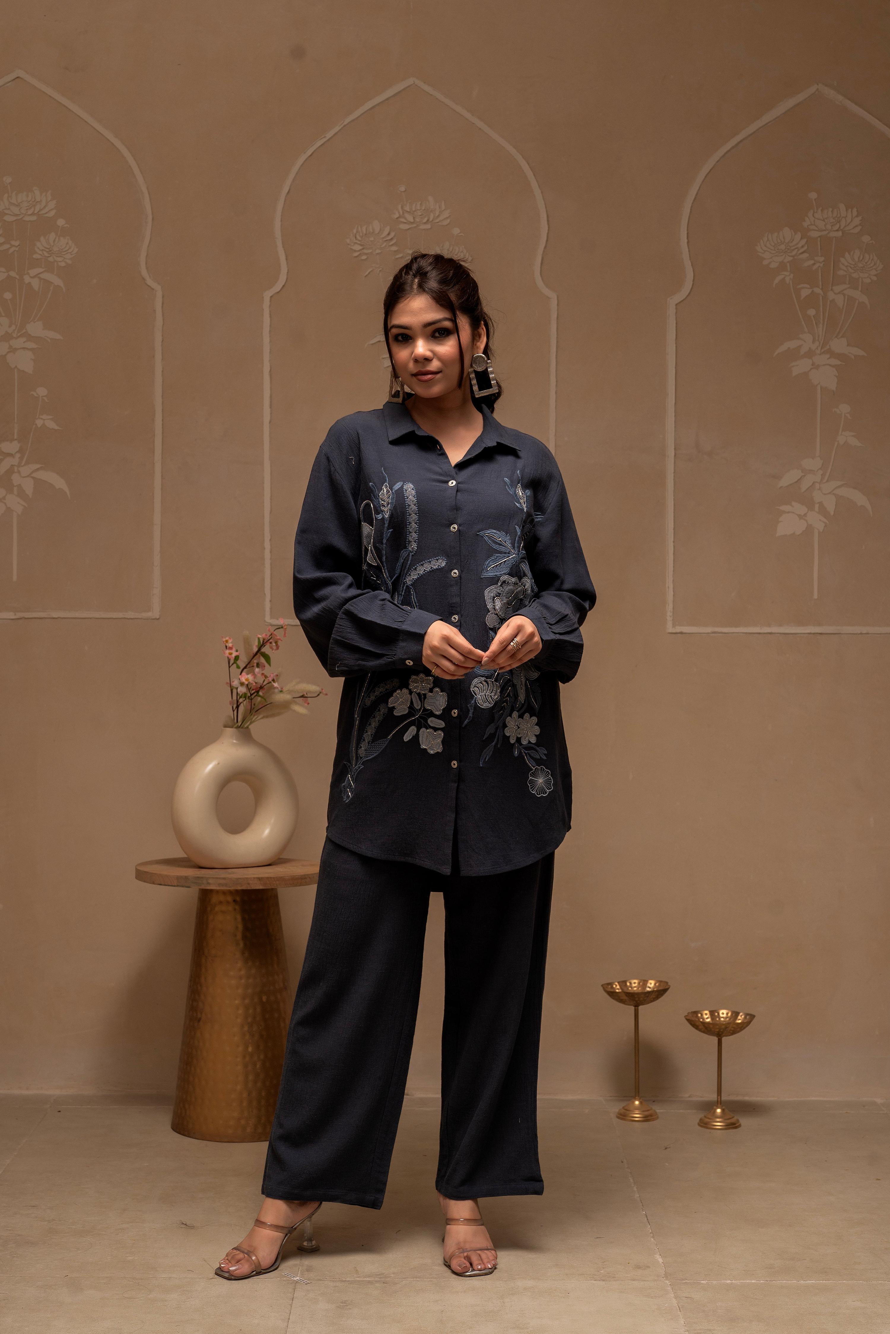 Juniper Grey Embroidered Viscose Co-Ord Set With Thread Work Detailing - Distacart