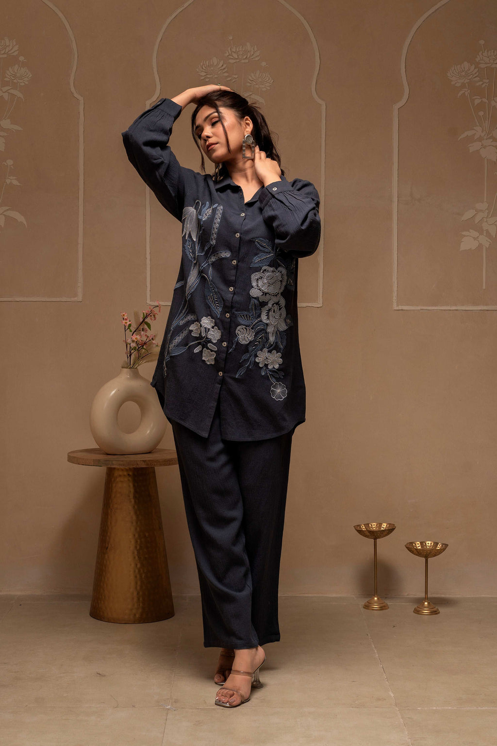 Juniper Grey Embroidered Viscose Co-Ord Set With Thread Work Detailing - Distacart