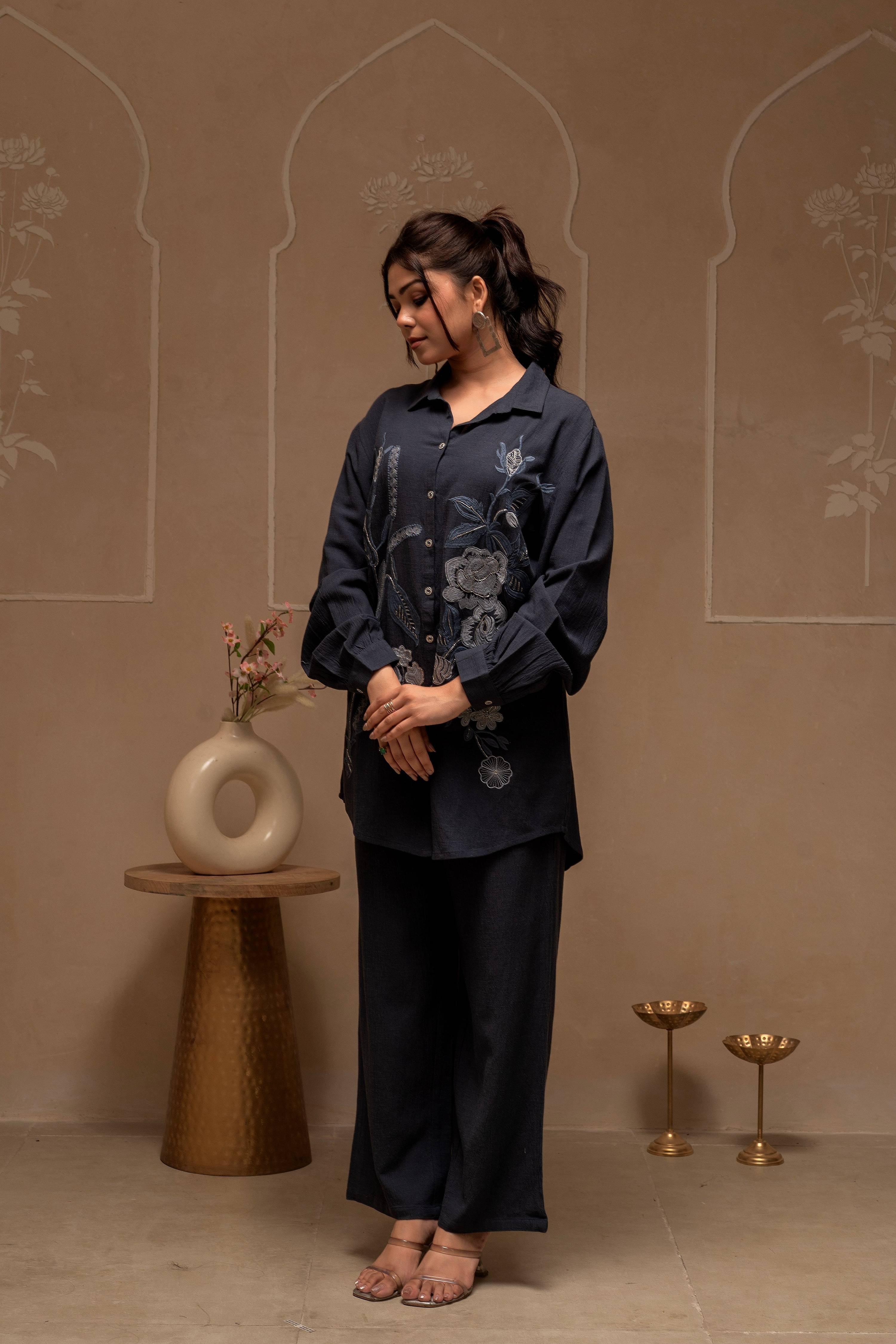 Juniper Grey Embroidered Viscose Co-Ord Set With Thread Work Detailing - Distacart