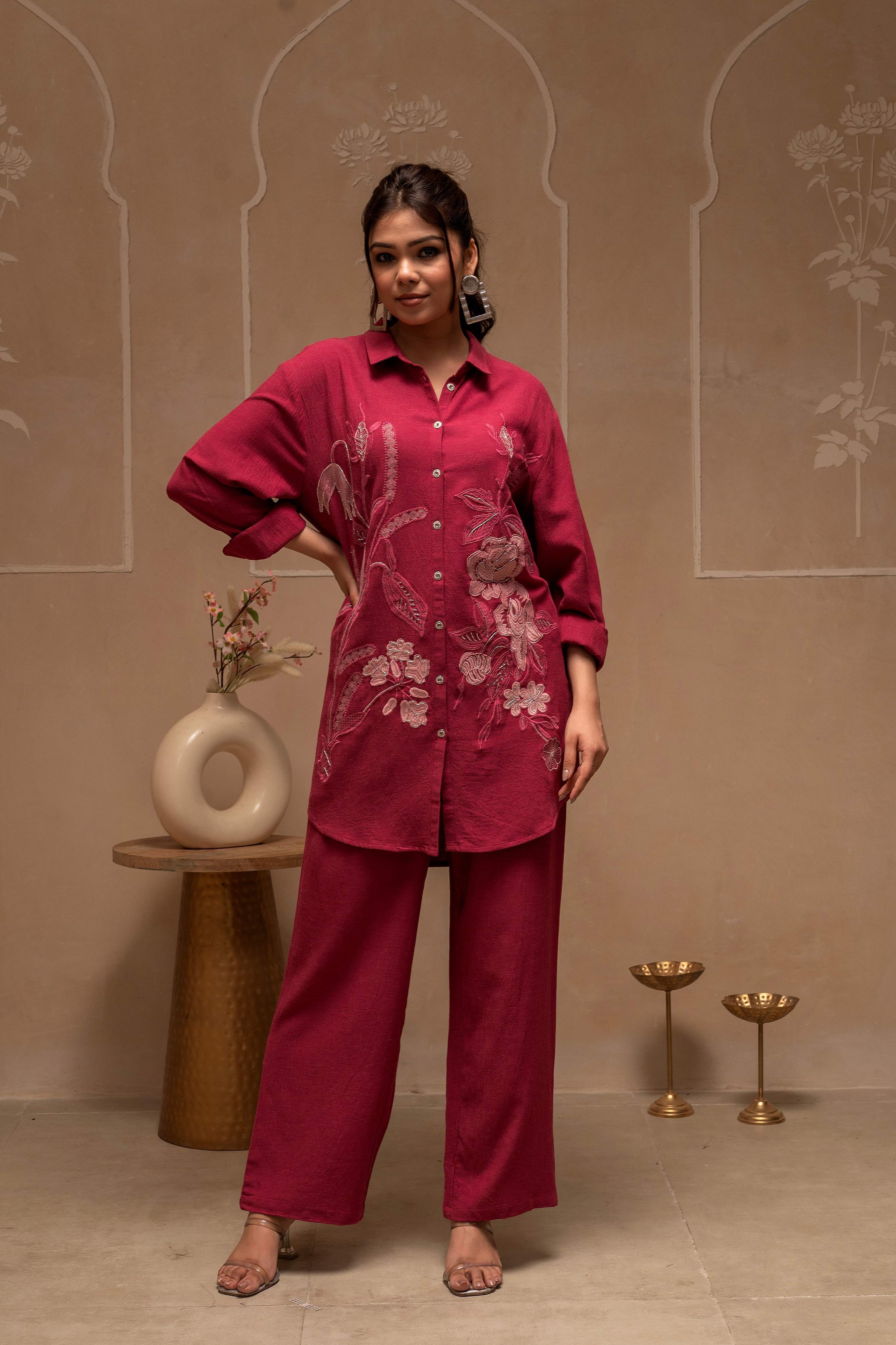 Juniper Rose Pink Embroidered Viscose Co-Ord Set With Thread Work Detailing - Distacart