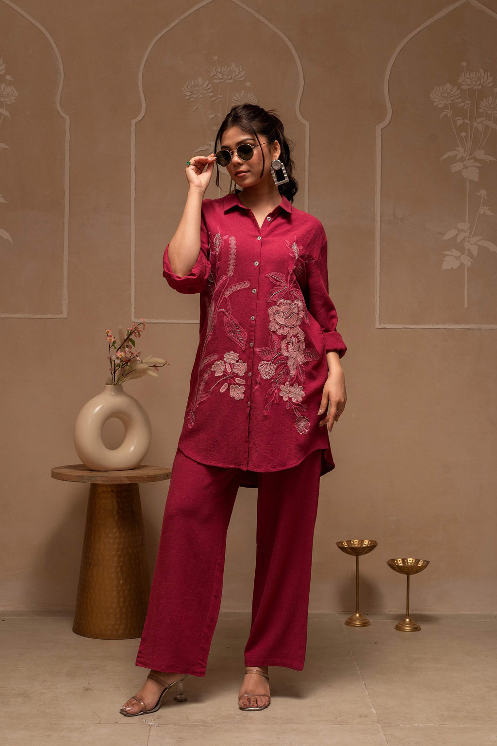 Juniper Rose Pink Embroidered Viscose Co-Ord Set With Thread Work Detailing - Distacart