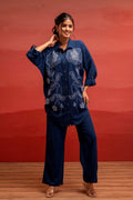 Juniper Viscose Linen Indigo Embroidered Shirt And Pant Co-Ord Set With Thread Work - Distacart