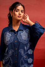 Juniper Viscose Linen Indigo Embroidered Shirt And Pant Co-Ord Set With Thread Work - Distacart