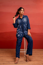 Juniper Viscose Linen Indigo Embroidered Shirt And Pant Co-Ord Set With Thread Work - Distacart