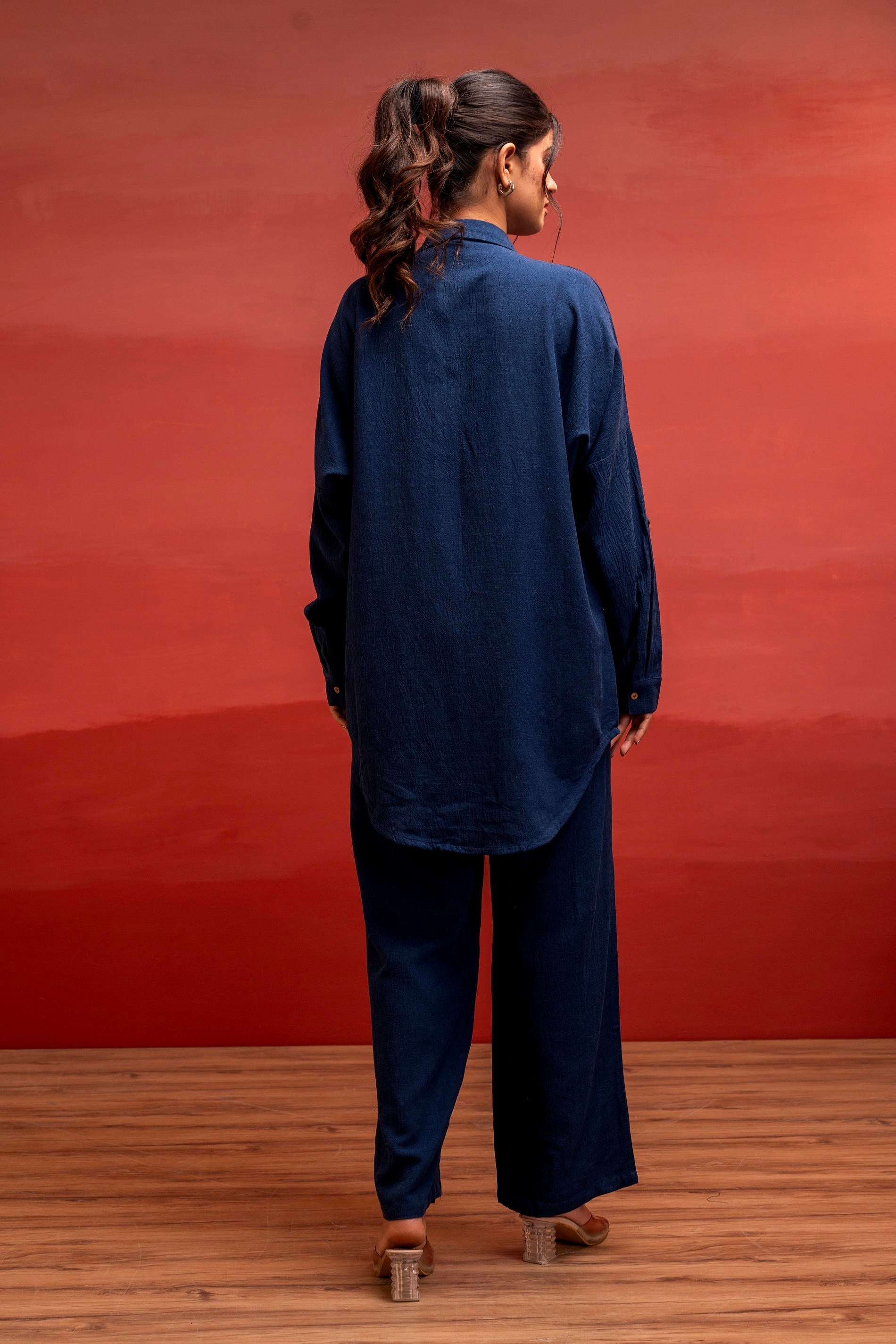 Juniper Viscose Linen Indigo Embroidered Shirt And Pant Co-Ord Set With Thread Work - Distacart