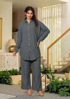 Juniper Grey Embellished Viscose-Linen Co-Ord Set With Sequin Detailing - Distacart