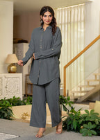 Juniper Grey Embellished Viscose-Linen Co-Ord Set With Sequin Detailing - Distacart