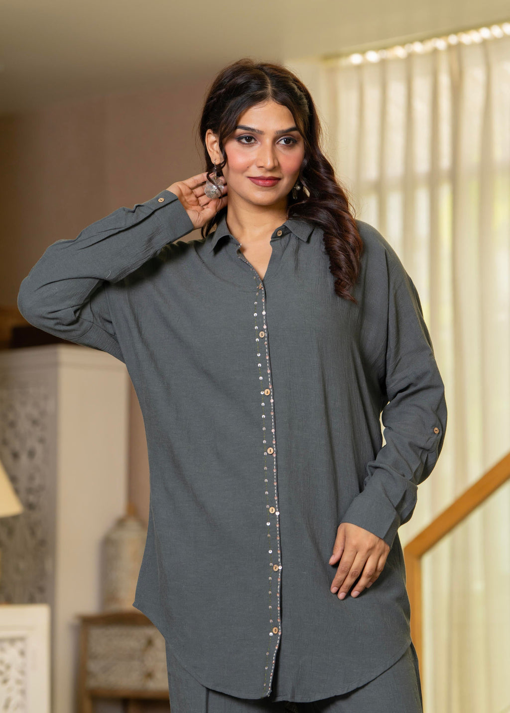 Juniper Grey Embellished Viscose-Linen Co-Ord Set With Sequin Detailing - Distacart